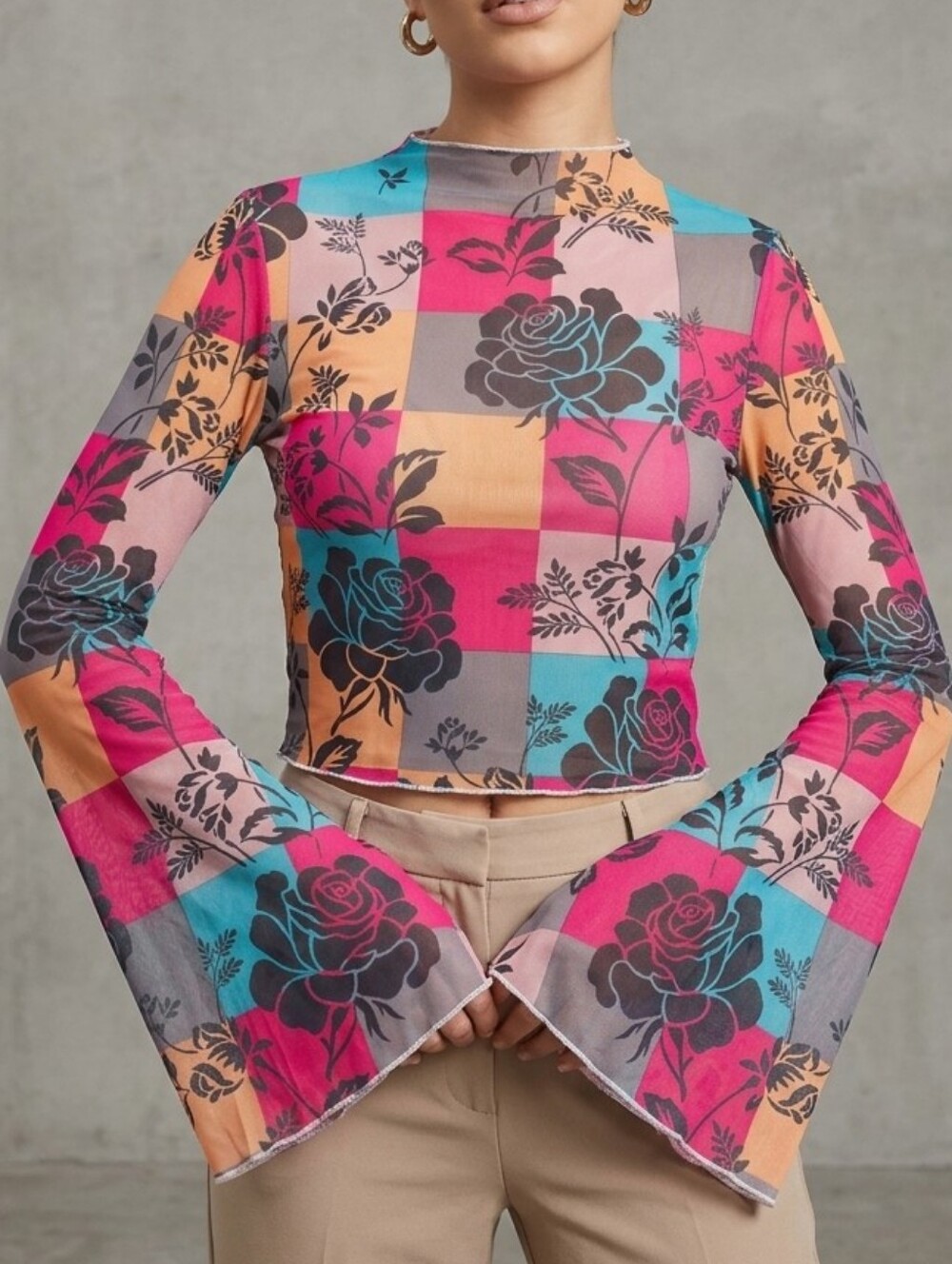 Patchwork Rose Sheer Mesh Bell Sleeve Crop Top Multicolor Floral Colorblock M